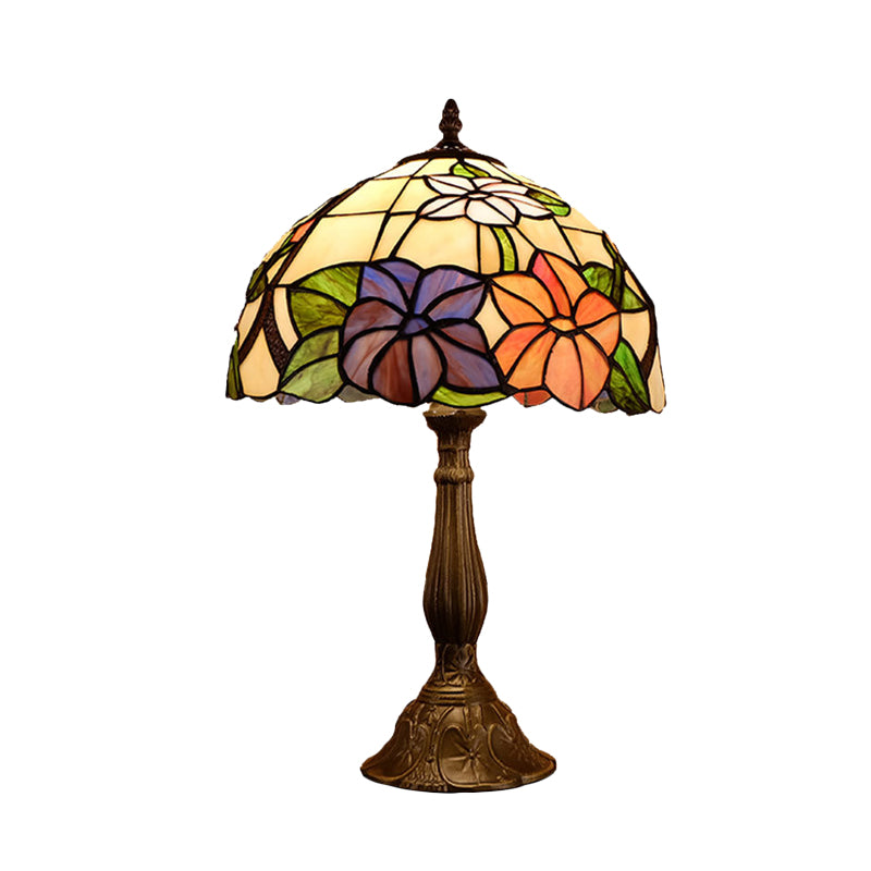 Tiffany Dome Shade Table Light 1-Bulb Stained Art Glass Night Lighting in Bronze with Bloom Pattern