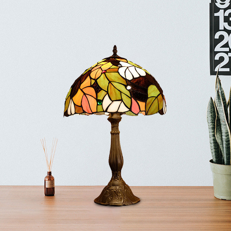 1 kop Dome tafellamp barokke stijl geel/groen/oranje gebrandschilderd glas nachtkastje lamp met blad/bloempatroon
