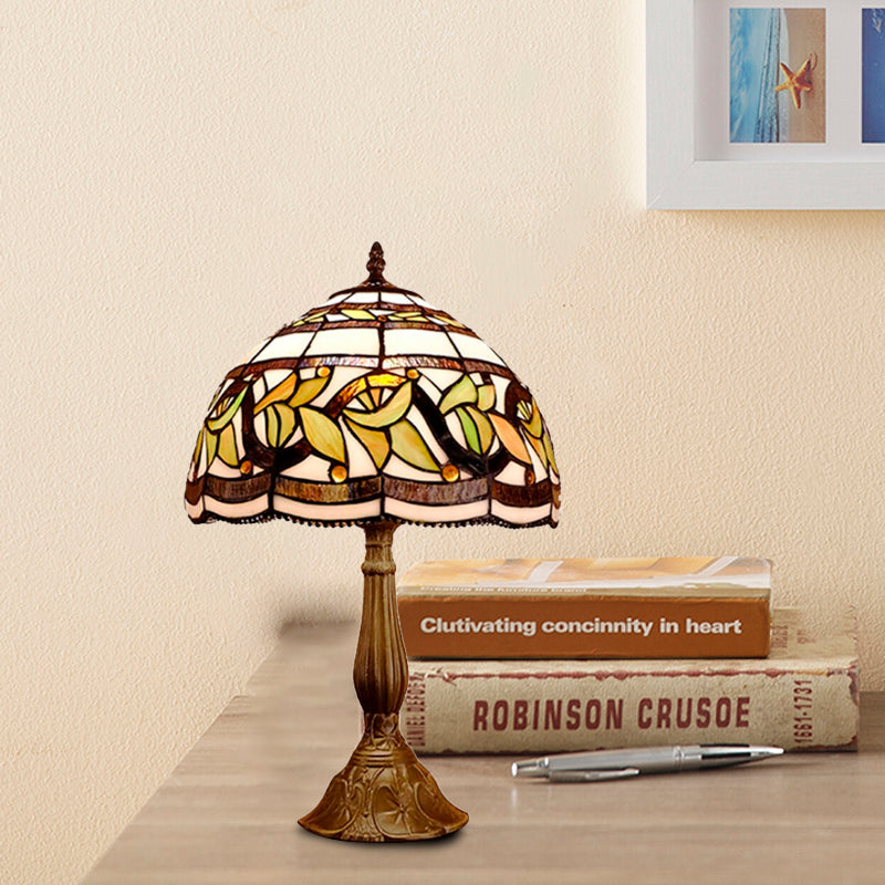 1 kop Dome tafellamp barokke stijl geel/groen/oranje gebrandschilderd glas nachtkastje lamp met blad/bloempatroon