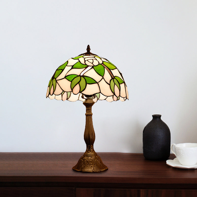 Bowl Shape Light Light Tiffany Style 1 Light Bronze Finish Table Lighting with Rose Match