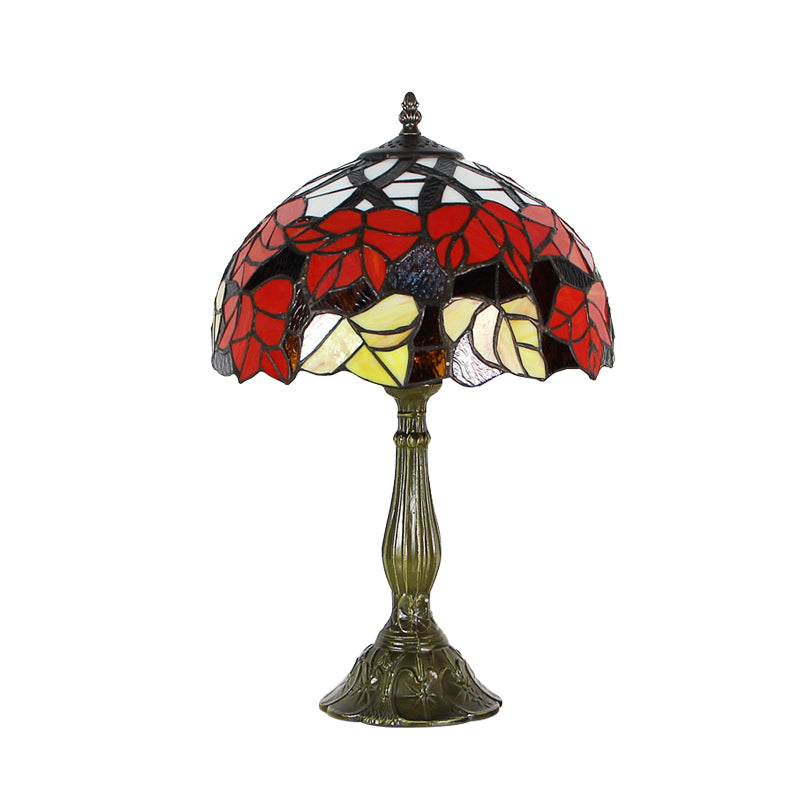 Cut Glass Domed Shade Night Lighting Victorian 1-Light Red/Brown Flower Patterned Table Lamp for Bedside