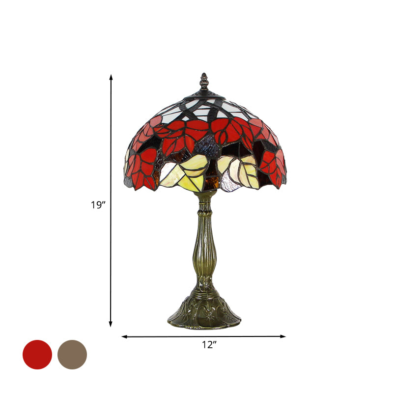 Cut Glass Domed Shade Night Lighting Victorian 1-Light Red/Brown Flower Patterned Table Lamp for Bedside