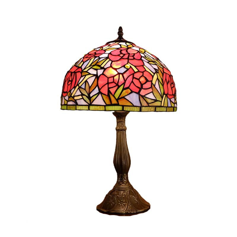 1 Light Night Table Lamp Victorian Bowl Hand Cut Glass Floral Patterned Nightstand Light in Bronze