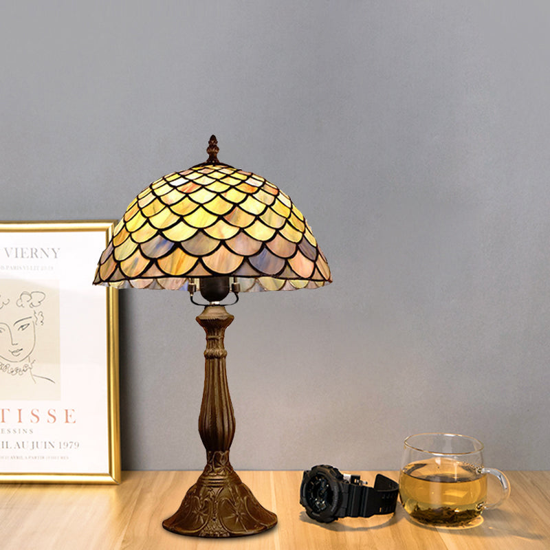 Hand Cut Glass Dome Nightstand Lamp Baroque 1 Head Bronze Table Lighting with Scale Pattern