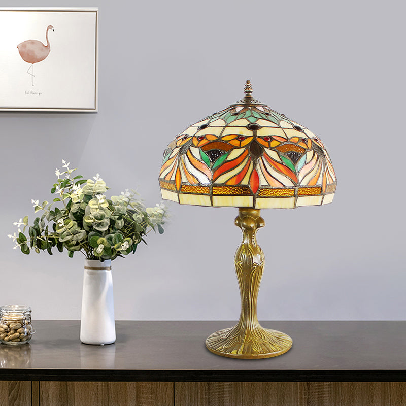 Dome Shade Cut Glass Nightstand Light Victorian 1-Bulb Bronze Night Table Lamp with Fish Pattern