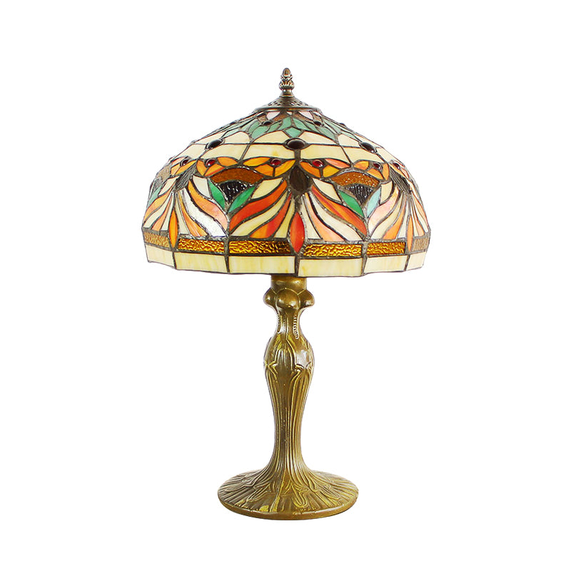 Dome Shade Cut Glass Nightstand Light Victorian 1-Bulb Bronze Night Table Lamp with Fish Pattern