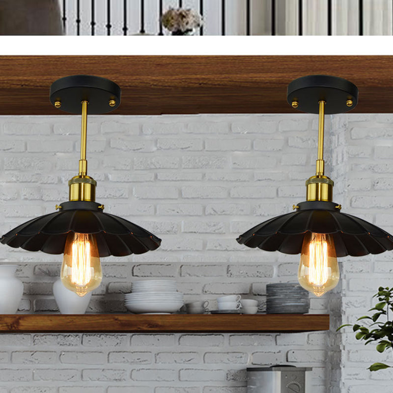 Black Scalloped Semiflush Montaggio Industrial Vintage Metallo 1 Luce Indoor Tetto Fissaggio Montato