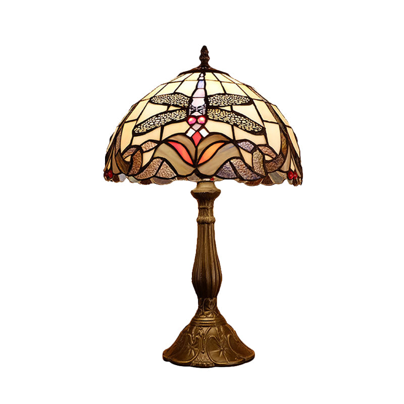 Barock Libelle Tischleuchte 1-Licht-Buntglas Nachtlampe in Bronze mit Schüsselschatten