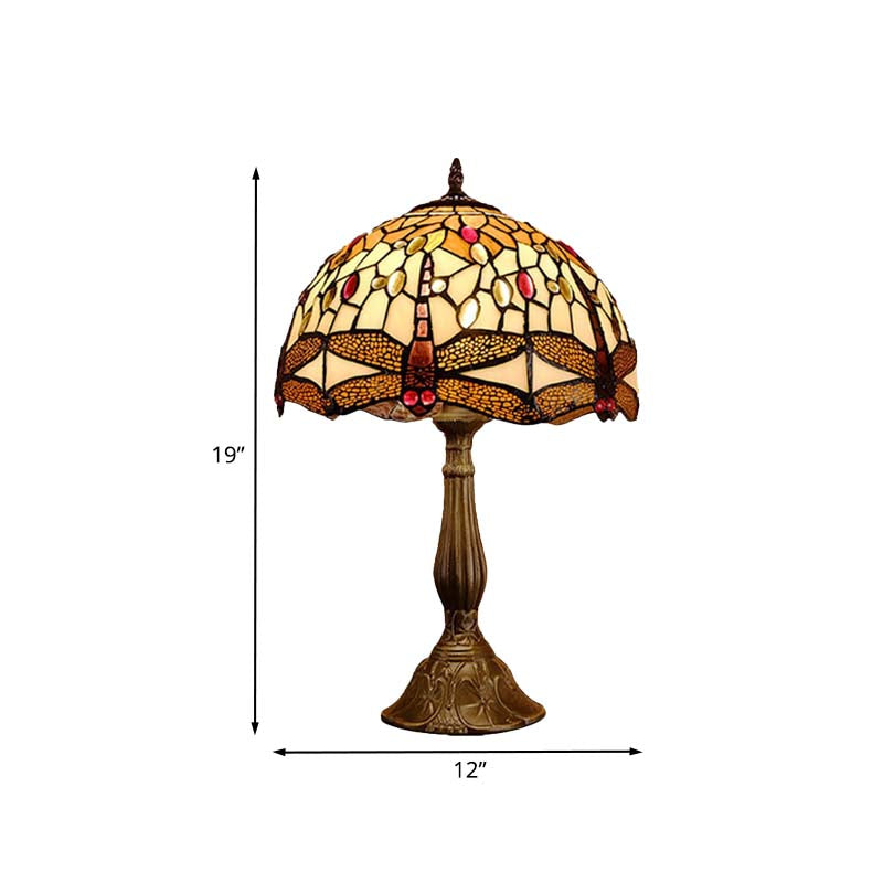 1-Bulb Domed Night Lamp Mediterranean Bronze Hand Cut Glass Nightstand Light with Dragonfly Pattern