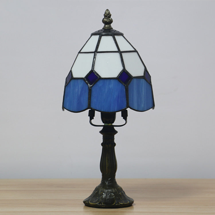 Dome Night Light Mission Stained Art Glass 1 Head Beige/Yellow/Orange Grid Patterned Nightstand Lighting for Bedroom