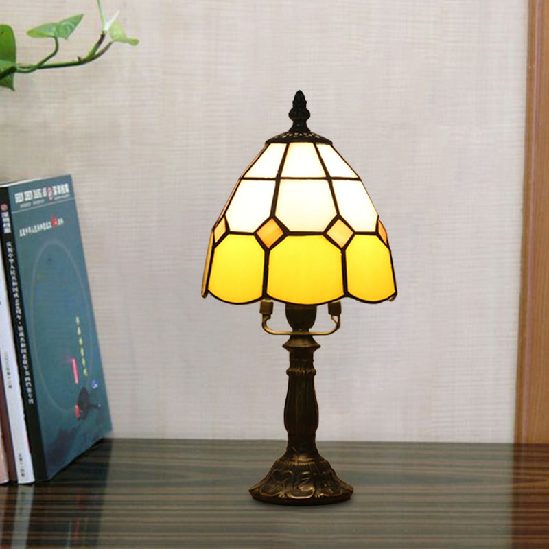 Dome Night Light Mission Stained Art Glass 1 Head Beige/Yellow/Orange Grid Patterned Nightstand Lighting for Bedroom