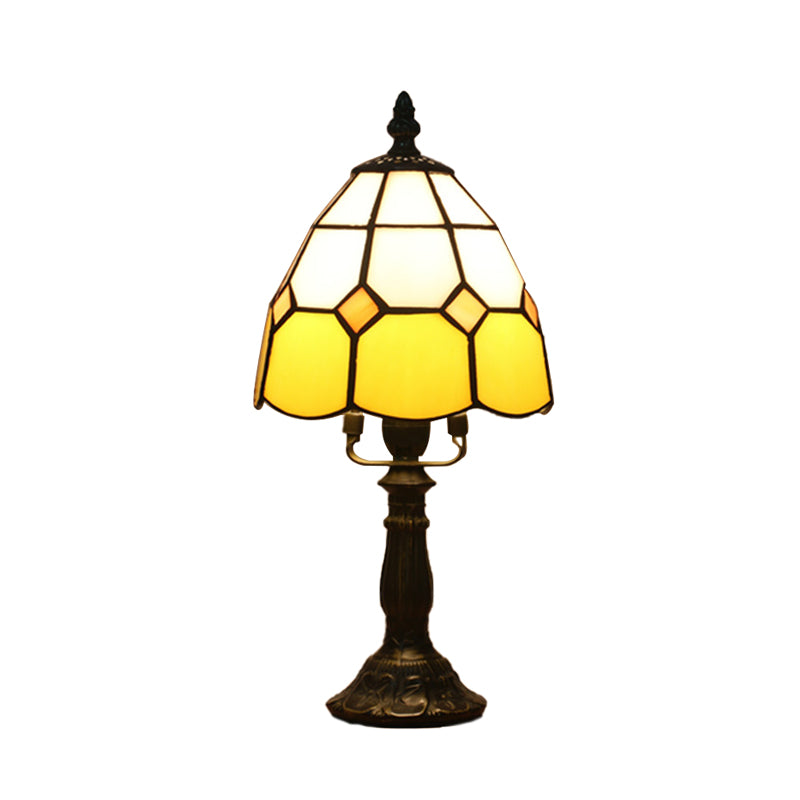 Dome Night Light Mission Stained Art Glass 1 Head Beige/Yellow/Orange Grid Patterned Nightstand Lighting for Bedroom