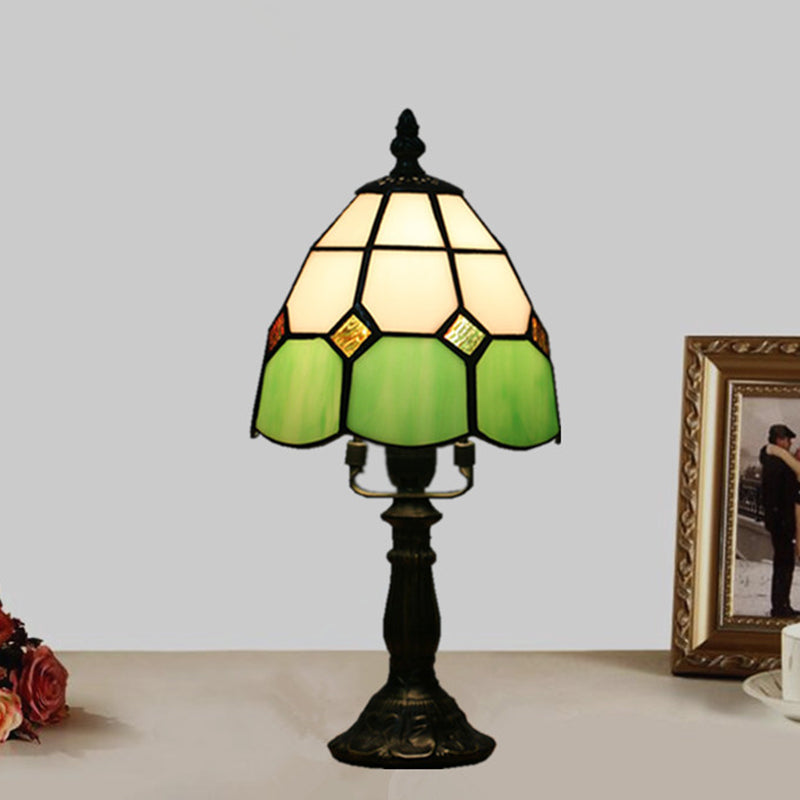 Dome Night Light Mission Stained Art Glass 1 Head Beige/Yellow/Orange Grid Patterned Nightstand Lighting for Bedroom