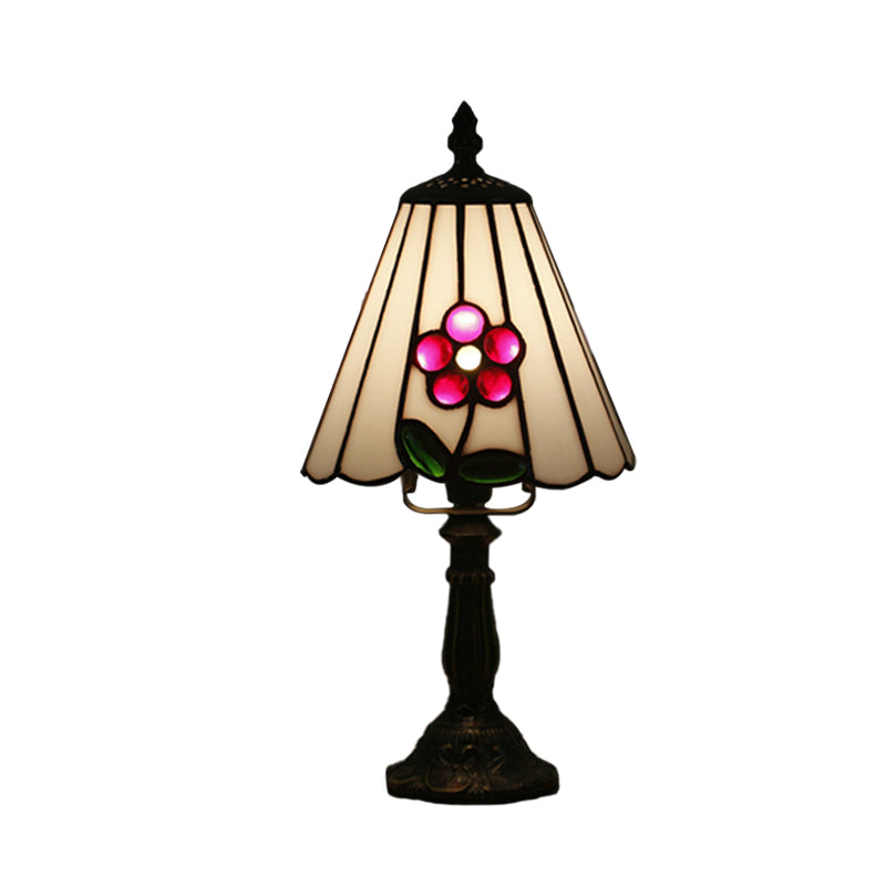 Stained Glass White/Red Night Light Conical/Flared 1-Head Mediterranean Table Lighting with Floral Pattern
