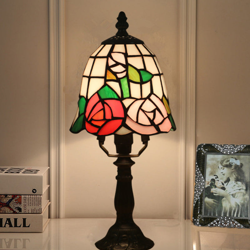 1 Bulb Night Lighting Baroque Bell Shade Stained Art Glass Table Light in Pink/Orange with Bloom Pattern for Bedside