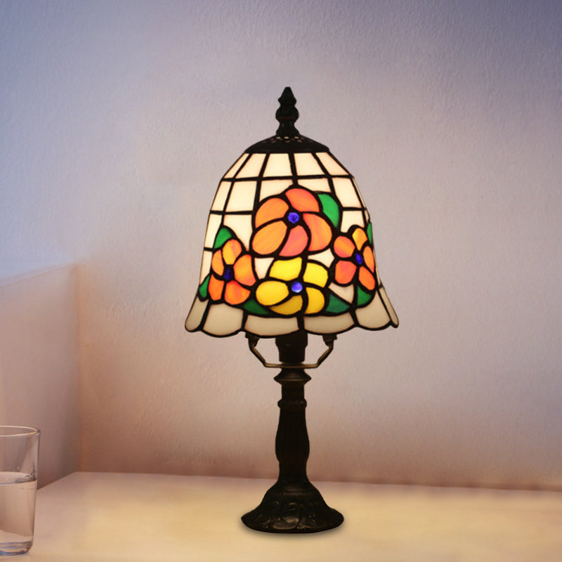 1 Bulb Night Lighting Baroque Bell Shade Stained Art Glass Table Light in Pink/Orange with Bloom Pattern for Bedside