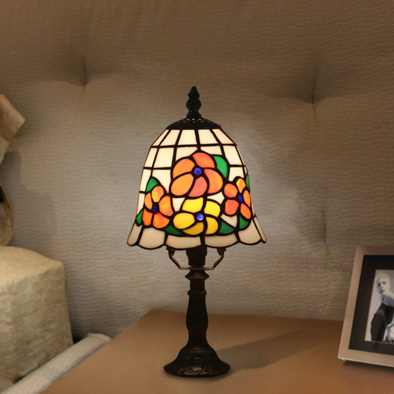 1 Bulb Night Lighting Baroque Bell Shade Stained Art Glass Table Light in Pink/Orange with Bloom Pattern for Bedside