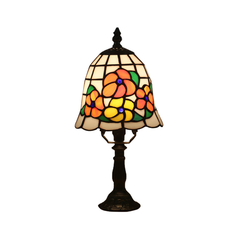 1 Bulb Night Lighting Baroque Bell Shade Stained Art Glass Table Light in Pink/Orange with Bloom Pattern for Bedside