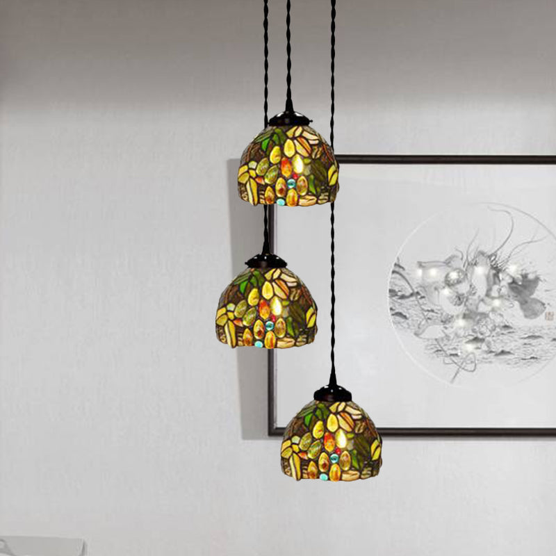 3-Head Ceiling Lamp Tiffany Domed Stained Glass Cluster Pendant Light in White/Red/Yellow with Dragonfly/Grape/Rose Pattern