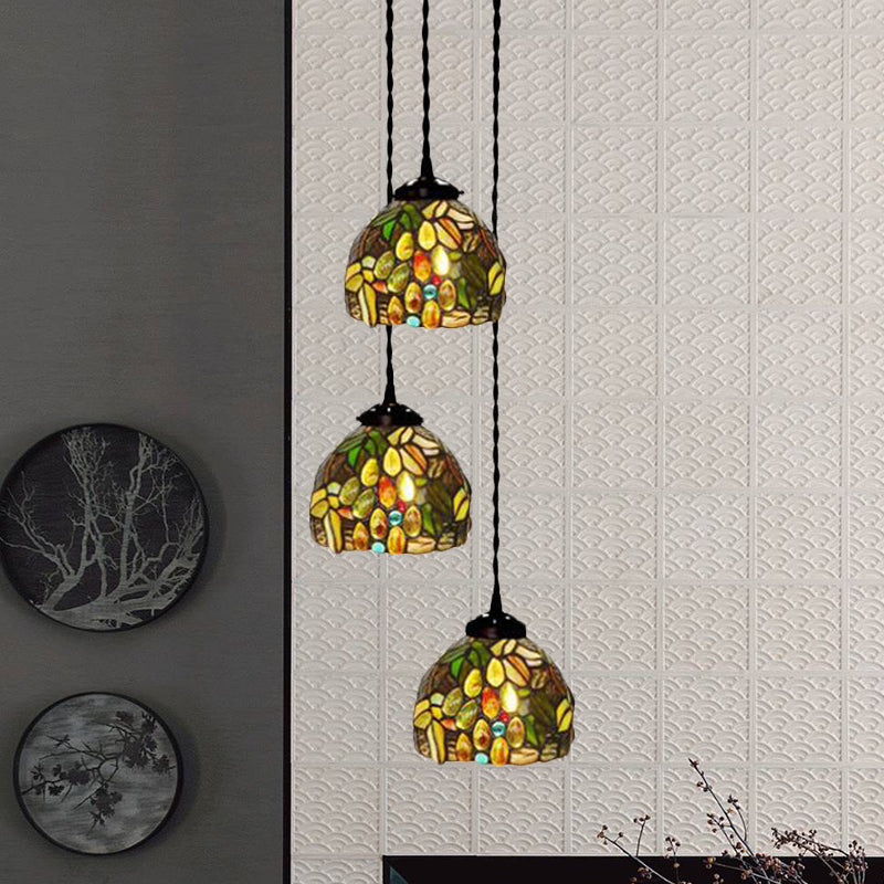 3-Head Ceiling Lamp Tiffany Domed Stained Glass Cluster Pendant Light in White/Red/Yellow with Dragonfly/Grape/Rose Pattern