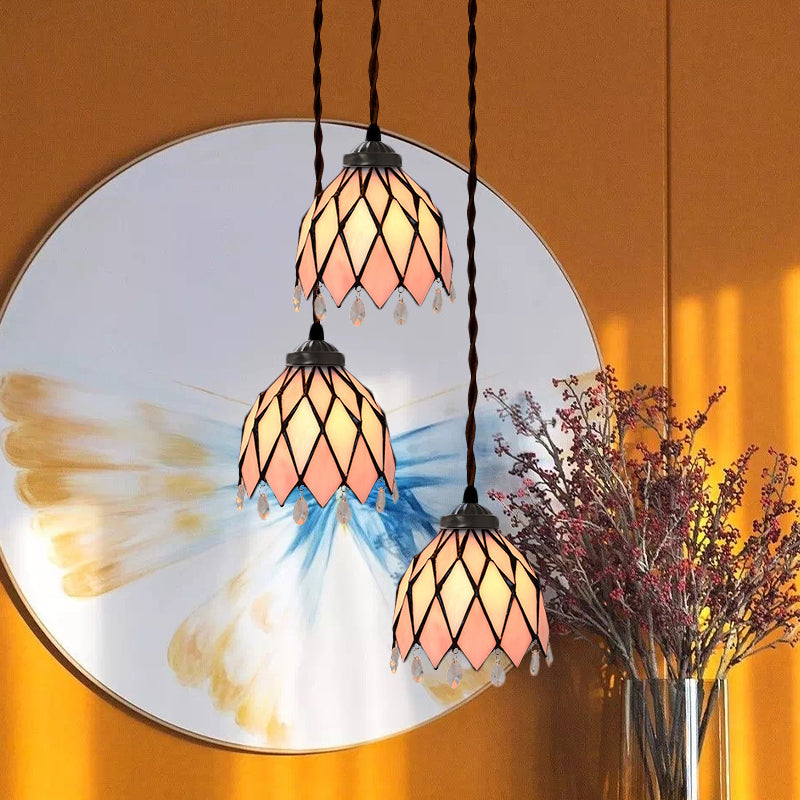 Victorian Bowl/Morning Glory Hanging Light Kit 3 Lichter rosa Buntglas Cluster Anhänger für Esszimmer