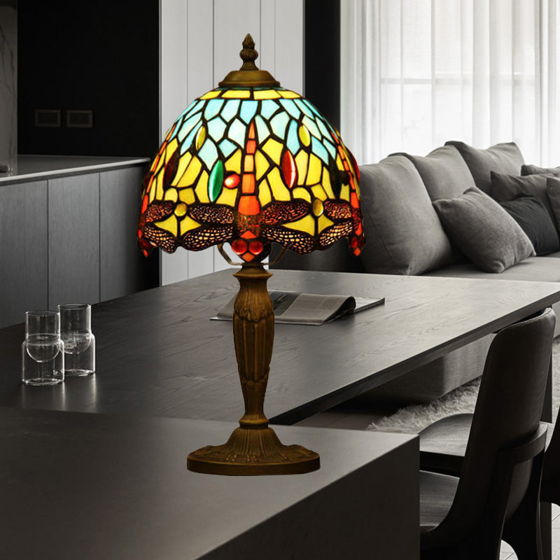 Lámpara de noche de tazón de 1 luces Mediterránea Orange/Azul/Azul/Corte de vidrio Corte de vidrio Dragonfly iluminación de escritorio estampado para cafetería