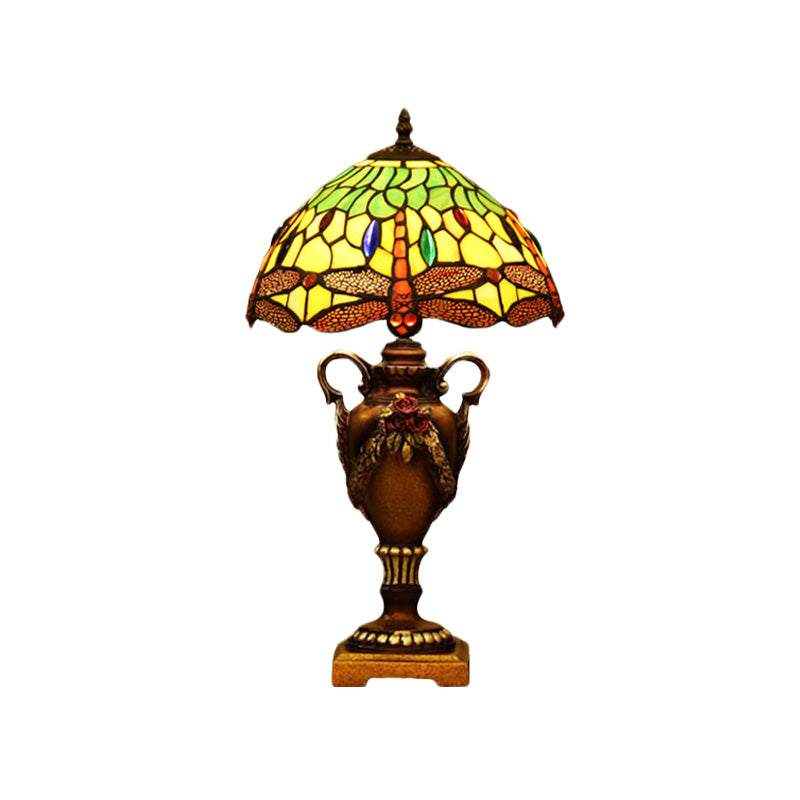 Victoriaanse kom vorm bureau licht 1 hoofd bevlekte kunstglas trofee nachttafellamp in blauw/groen met libelpatroon