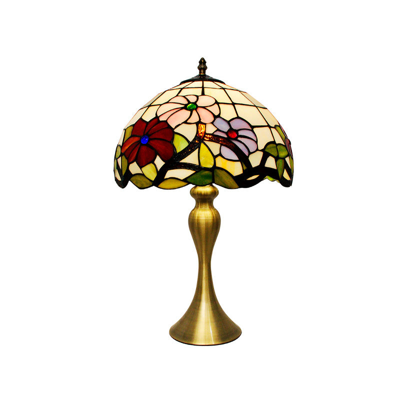 Tiffany Bowl Night Table Lighting 1-Light Stained Art Glass Desk Lamp in Gold with Blossom Pattern