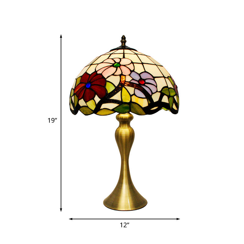 Tiffany Bowl Night Table Lighting 1-Light Stained Art Glass Desk Lamp in Gold with Blossom Pattern