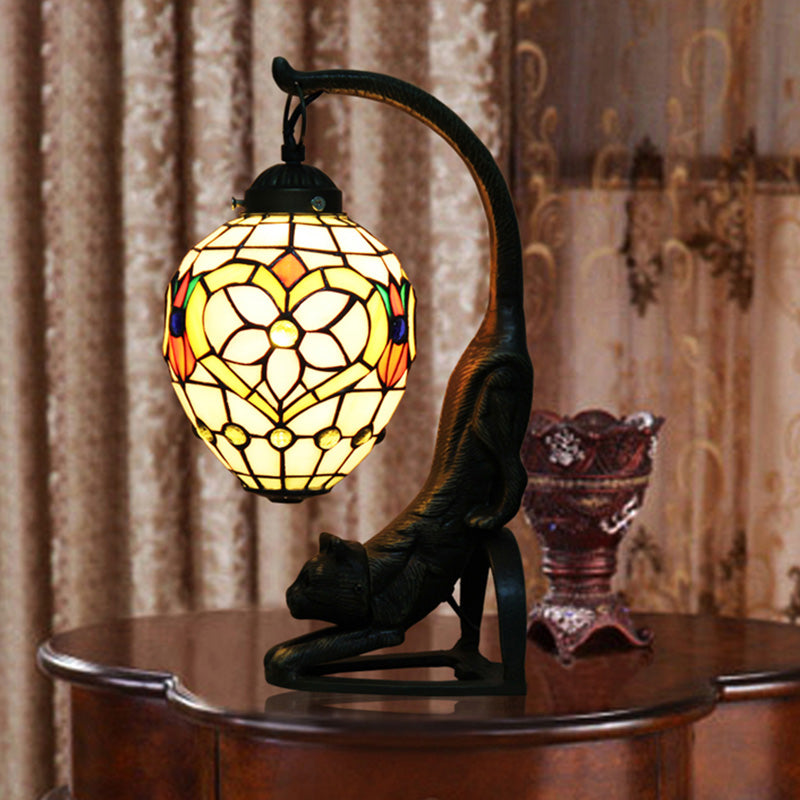 Droplet Desk Lamp Tiffany Style Hand Cut Glass 1 Light Bronze Finish Cat Nightstand Light with Flower Pattern