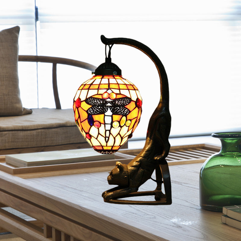 Cut Glass Dragonfly Desk Lighting Baroque Style 1 Light Red/Green Cat Table Light for Bedroom
