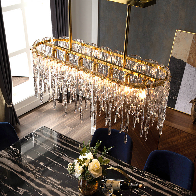 Minimalist Oval Island Light 7 Bulbs Clear Crystal Pendant Lamp in Gold with Melting Ice Design