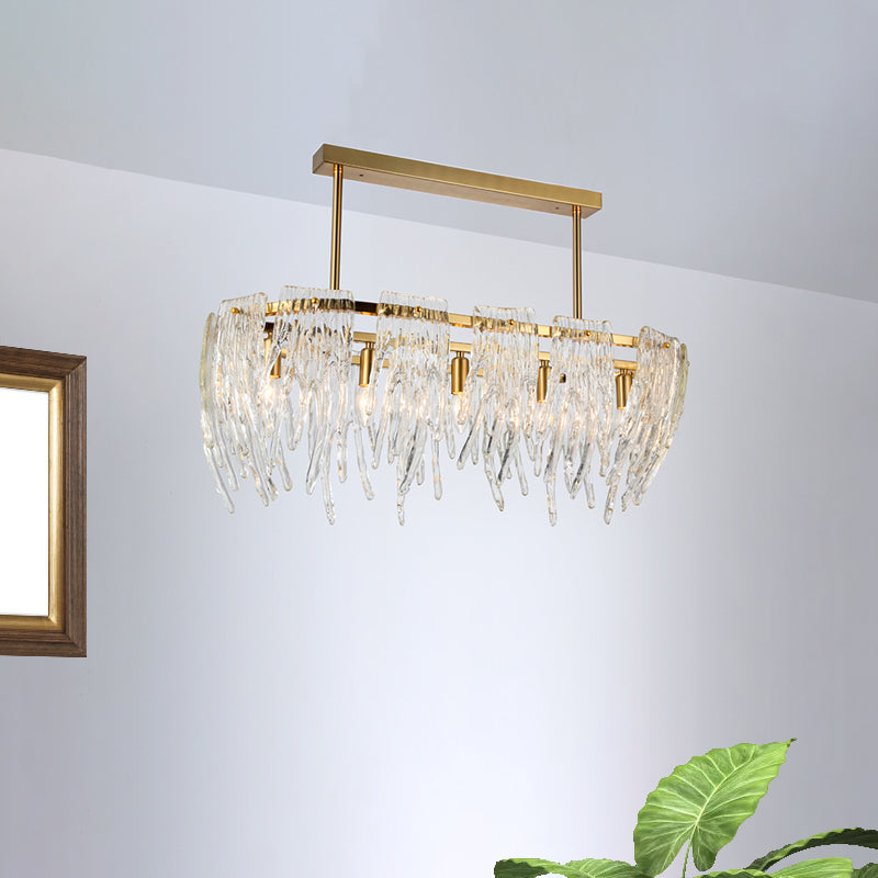 Oblong Crystal Island Pendant Light Postmodern 5 Lights Dining Room Down Lighting in Gold