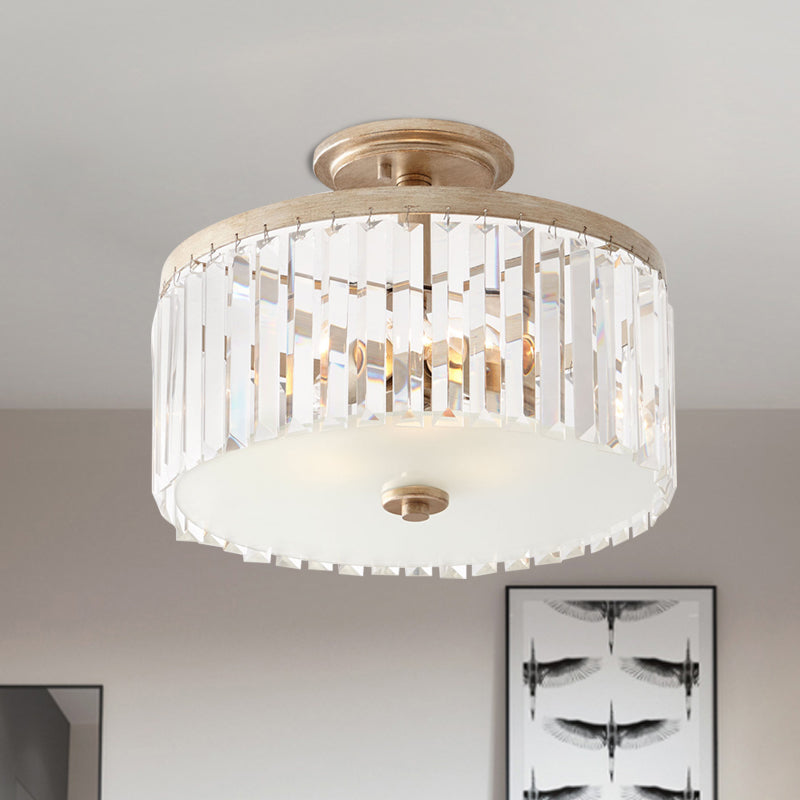 Circle Crystal Block Semi Flush Simplicity 3 Bulbs Corridor Flush Mount Recessed Lighting in Gold