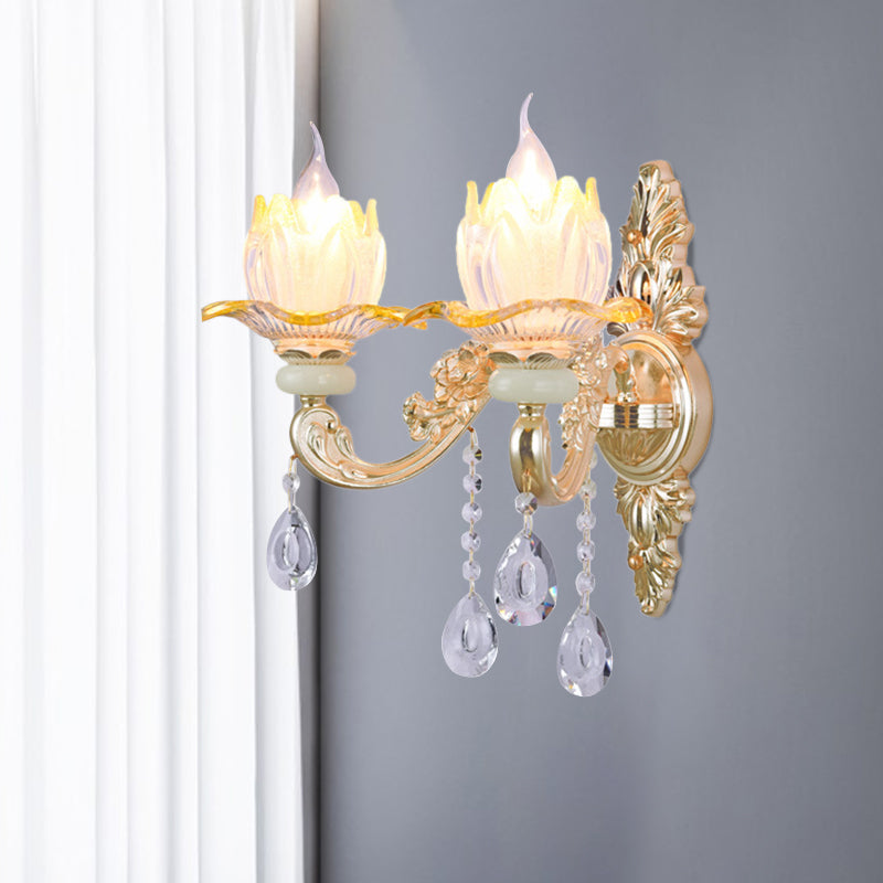 Classic Candlestick Sconce Lamp 2 Lights Crystal Wall Light with Carved Arm and Backplate in Pink/Yellow/Orange