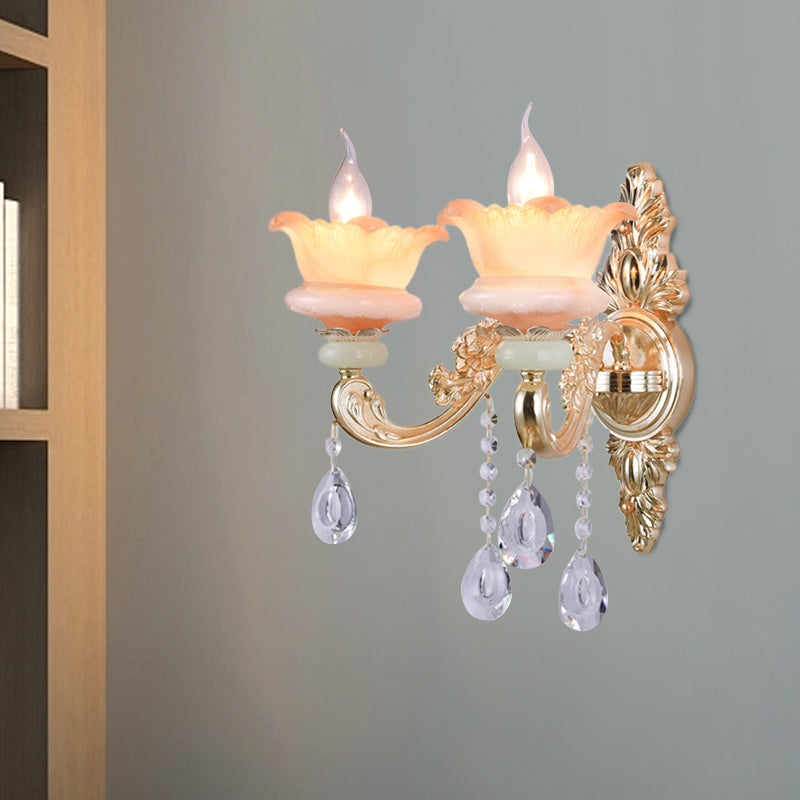 Classic Candlestick Sconce Lamp 2 Lights Crystal Wall Light with Carved Arm and Backplate in Pink/Yellow/Orange