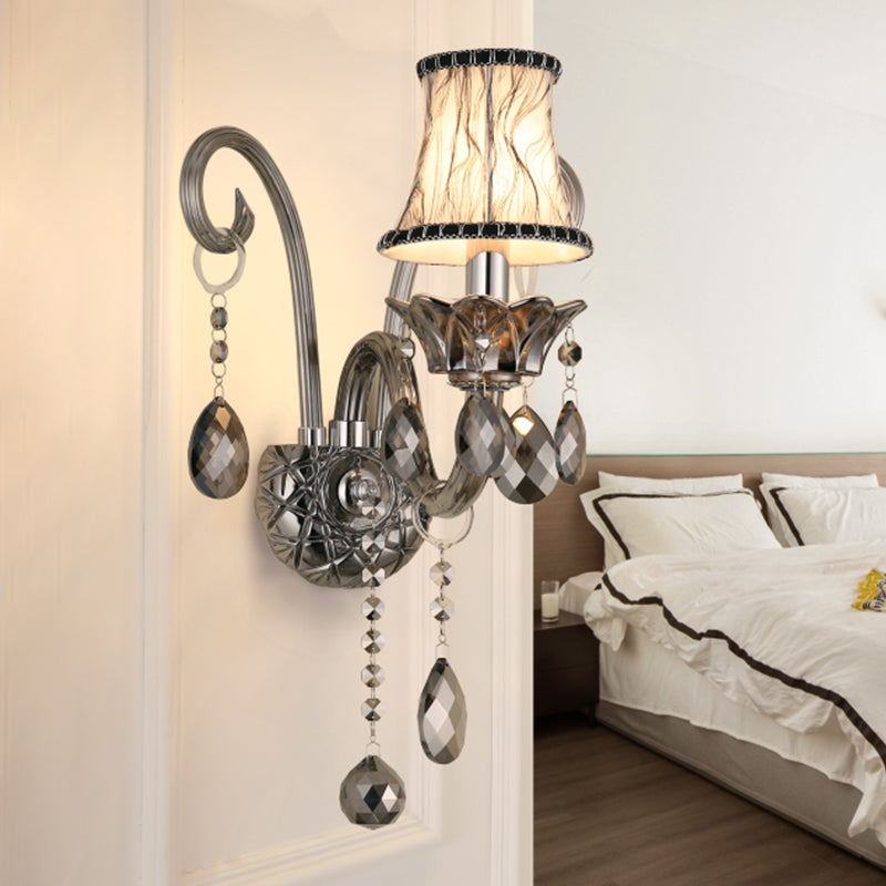 Smoke Gray Crystal Bell Sconce Retro 1/2-Bulb Living Room Wall Lamp with Fabric Shade