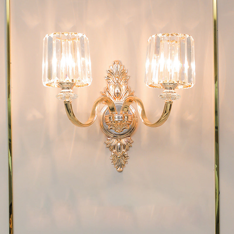 2-Bulb Wall Light Sconce Retro Cylinder Crystal Block Wall Mounted Lighting in Gold with Carved Backplate