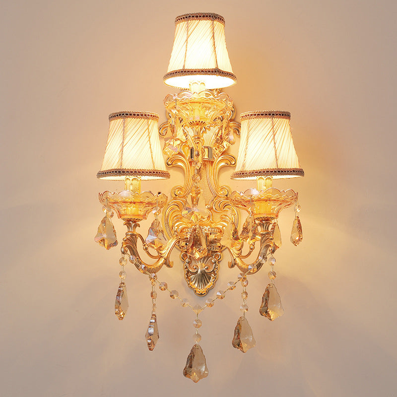 Bell Fabric Wall Sconce Classic 3 Lights Living Room Wall Light in Gold with Dangling Crystal
