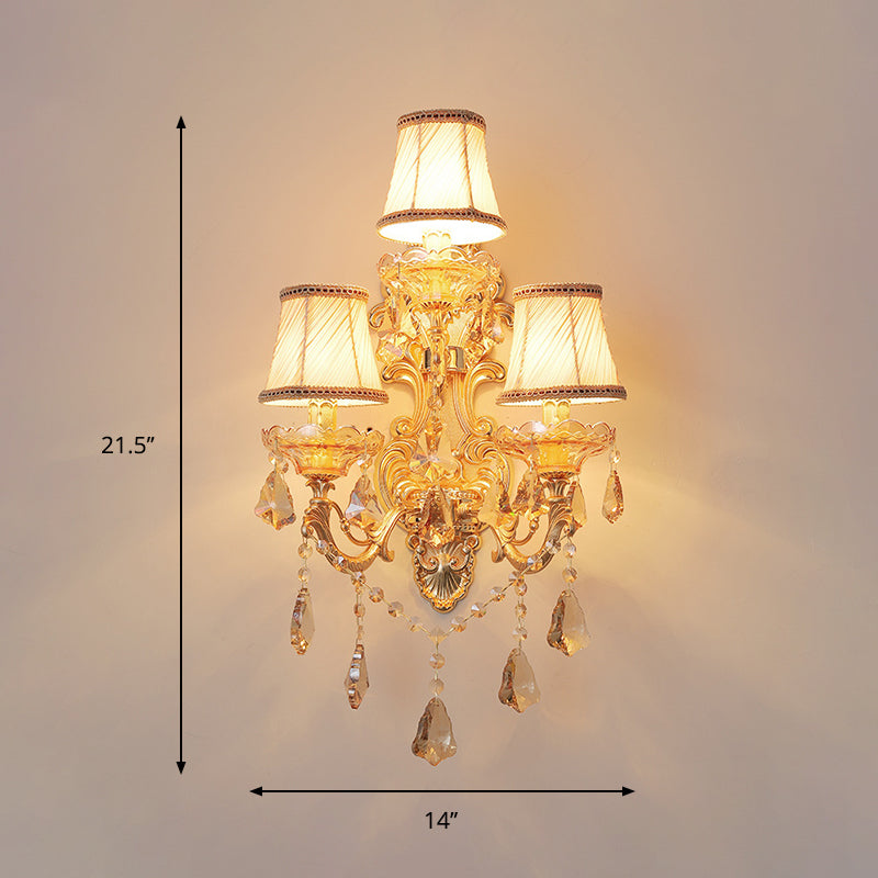 Bell Fabric Wall Sconce Classic 3 Lights Living Room Wall Light in Gold with Dangling Crystal