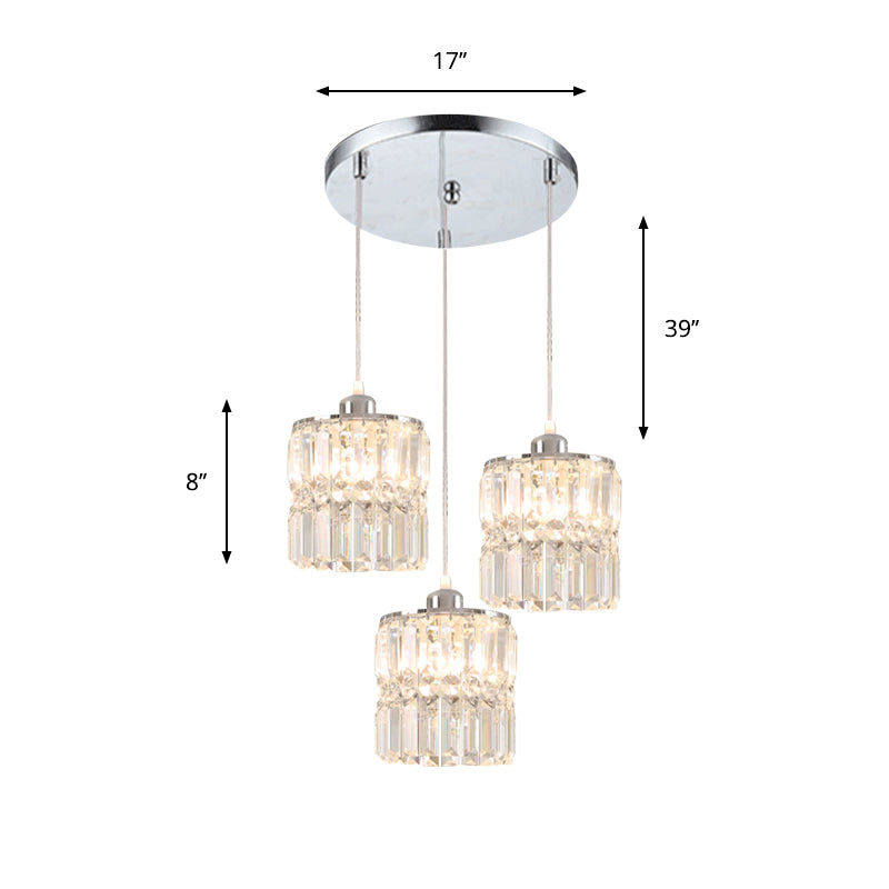 Column Dining Room Cluster Pendant Simple K9 Crystal 3 Bulbs Chrome Suspension Lamp