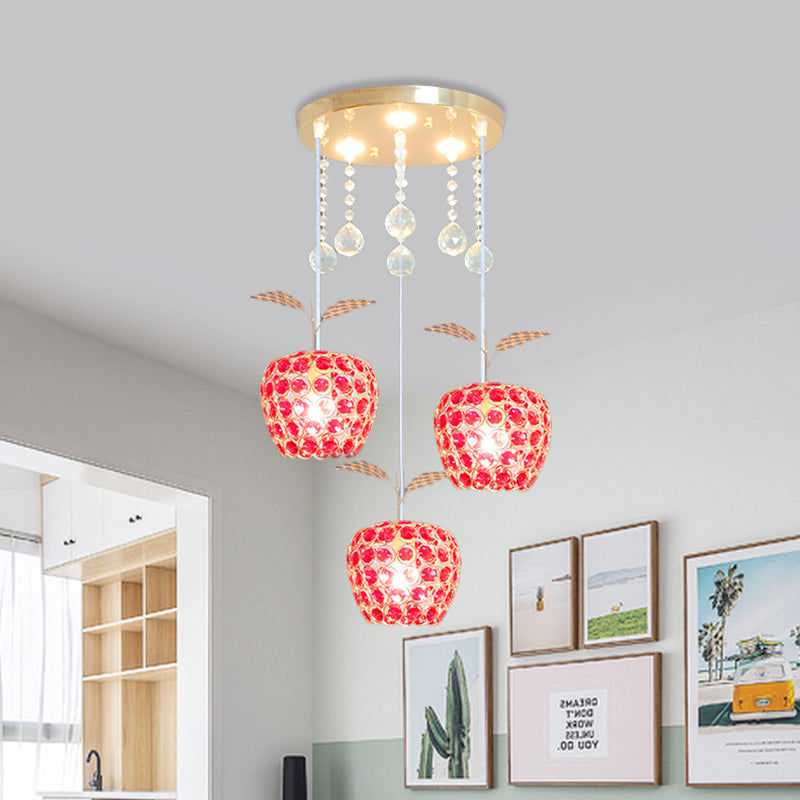 Lámpara de suspensión de oro de 3 luces de cristal rojo en forma de manzana en forma de manzana