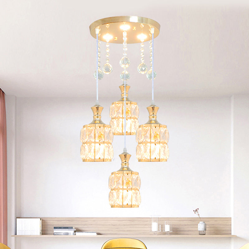 Crystal Block Cylinder Multi Pendant Light Fixture Modern 4-Bulb Hanging Lamp Kit in Gold