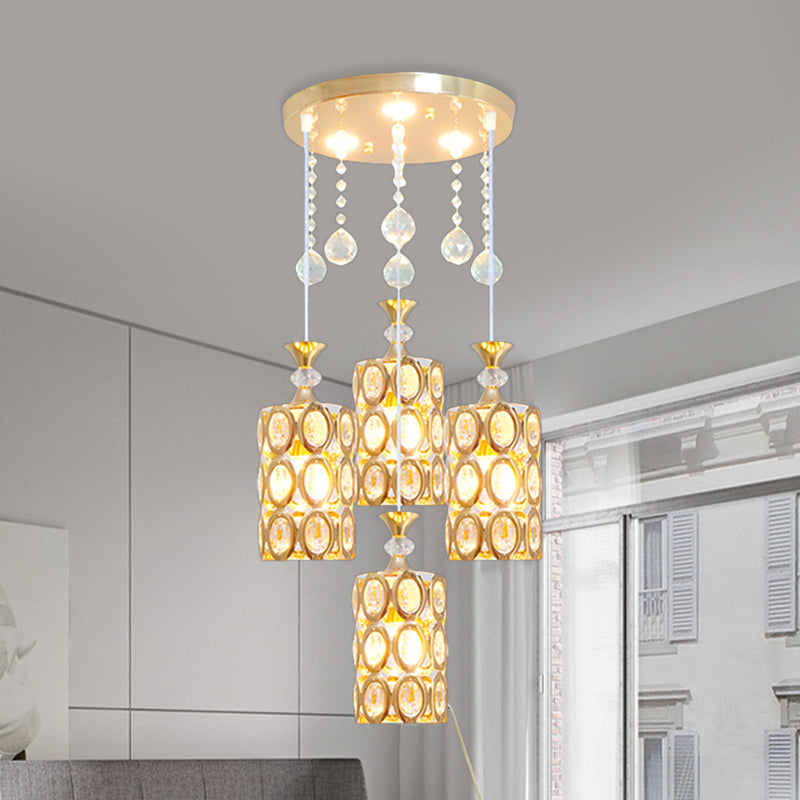 Crystal Encrusted Cylinder Multi-Light Pendant Modernist 4-Light Ceiling Suspension Lamp in Gold