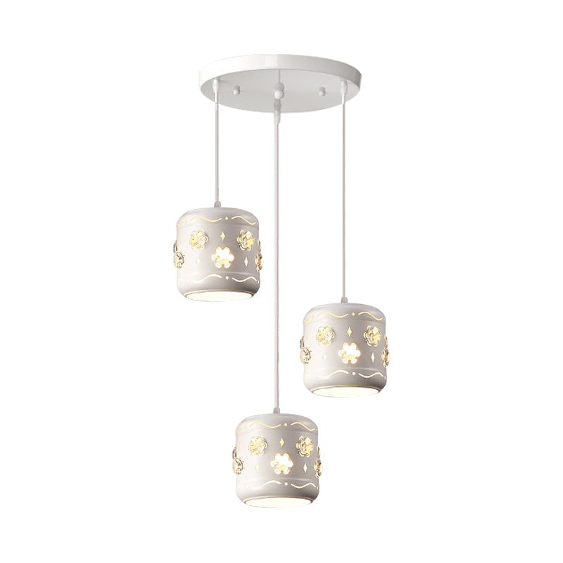 Iron Drum Multi Pendant Lamp Fixture Modernism 3-Light White Ceiling Light with Flower Crystal Encrusted Design