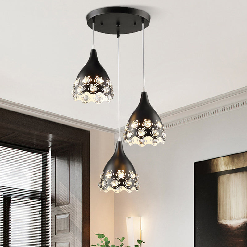 Zwarte afwerking traande cluster hanger hedendaags 3-head bloemen met kristallen ingelegde hanglicht