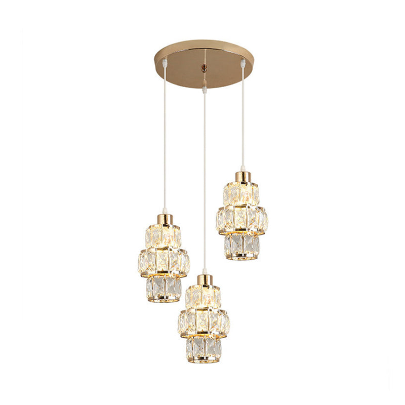 3 Layers Crystal Prisms Hanging Light Fixture Modern 3 Lights Gold Cluster Pendant