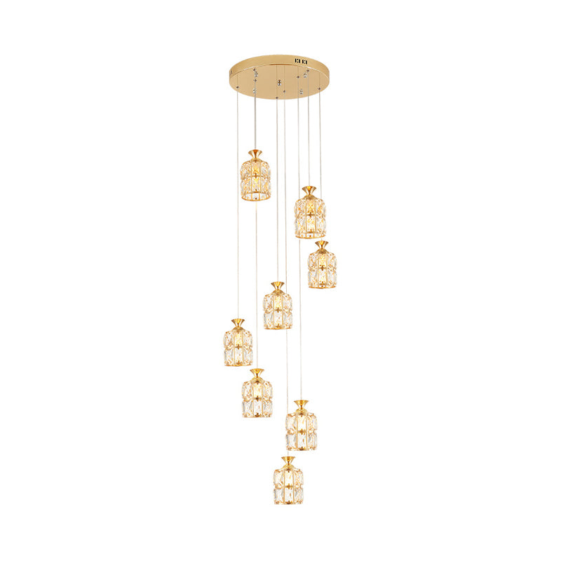 Contemporary 8-Light Cluster Light Pendant with Crystal Block Encrusted Shade Gold Cylindrical Pendulum Lamp
