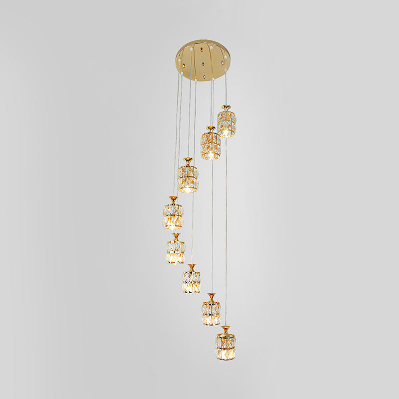 Contemporary 8-Light Cluster Light Pendant with Crystal Block Encrusted Shade Gold Cylindrical Pendulum Lamp