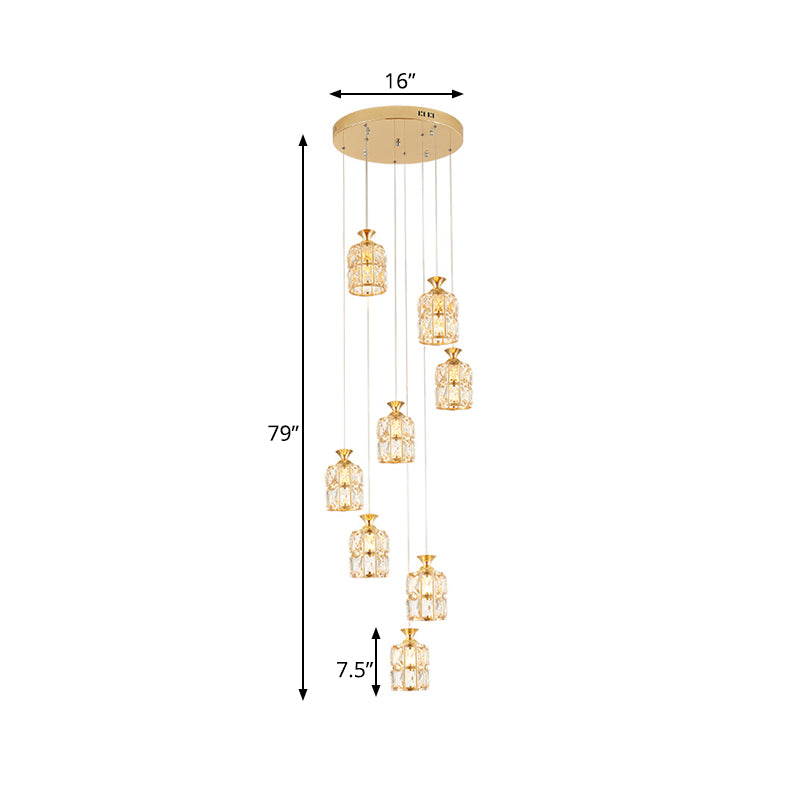 Contemporary 8-Light Cluster Light Pendant with Crystal Block Encrusted Shade Gold Cylindrical Pendulum Lamp